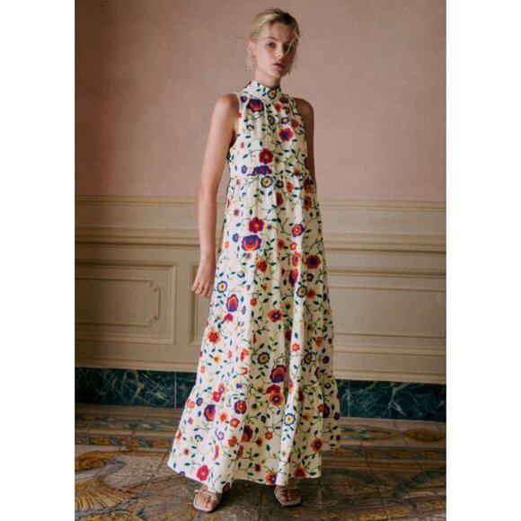 Sezane Olympia in Multicolor Embroidered Flowers Tiered Maxi Dress 40 / US 8 - Picture 1 of 14